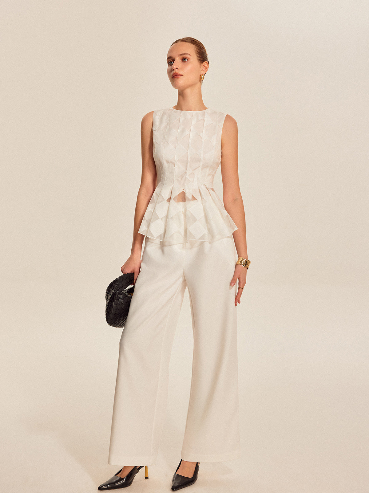 Semi-Sheer Geometric Peplum Top with Delicate Lace Detail