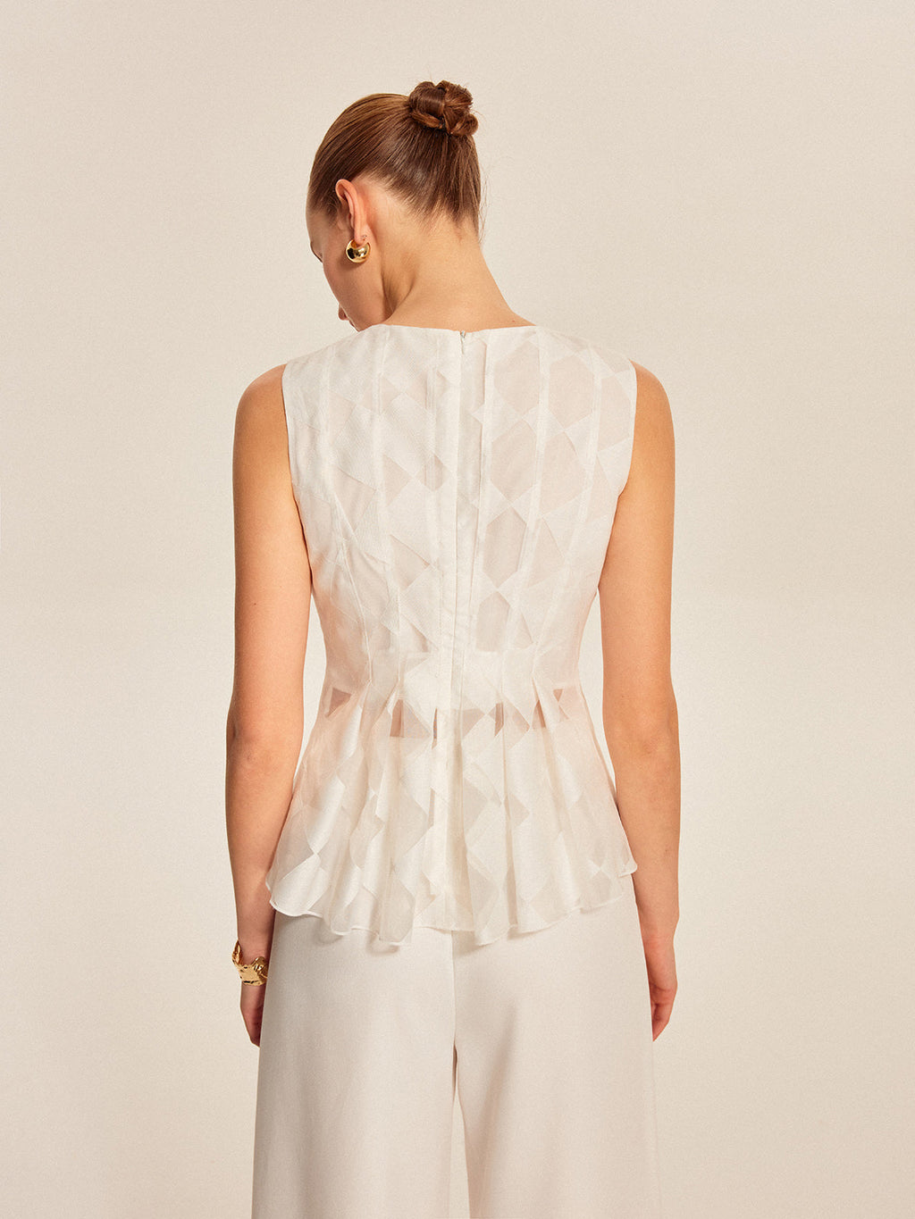 Semi-Sheer Geometric Peplum Top with Delicate Lace Detail