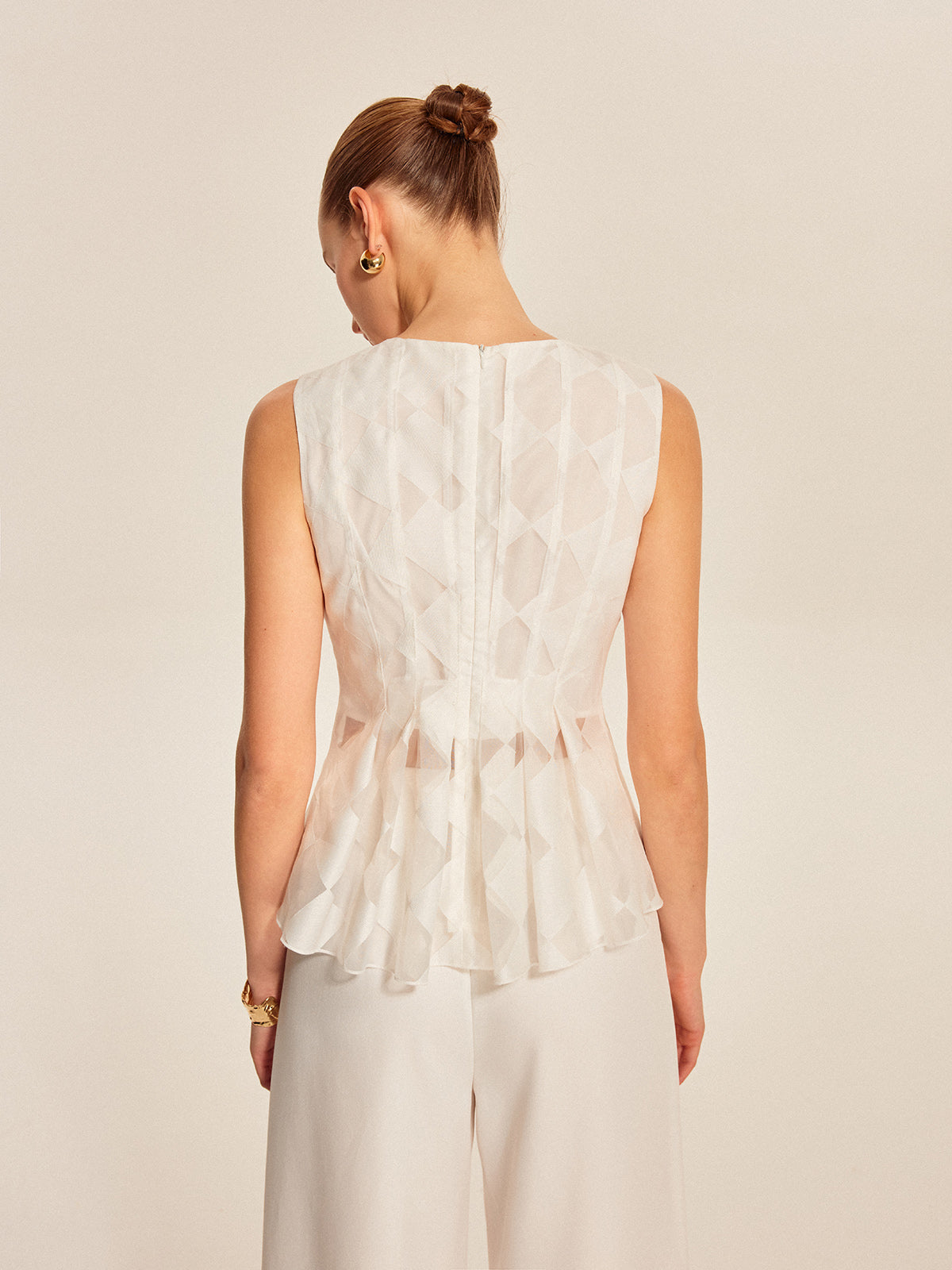 Semi-Sheer Geometric Peplum Top with Delicate Lace Detail