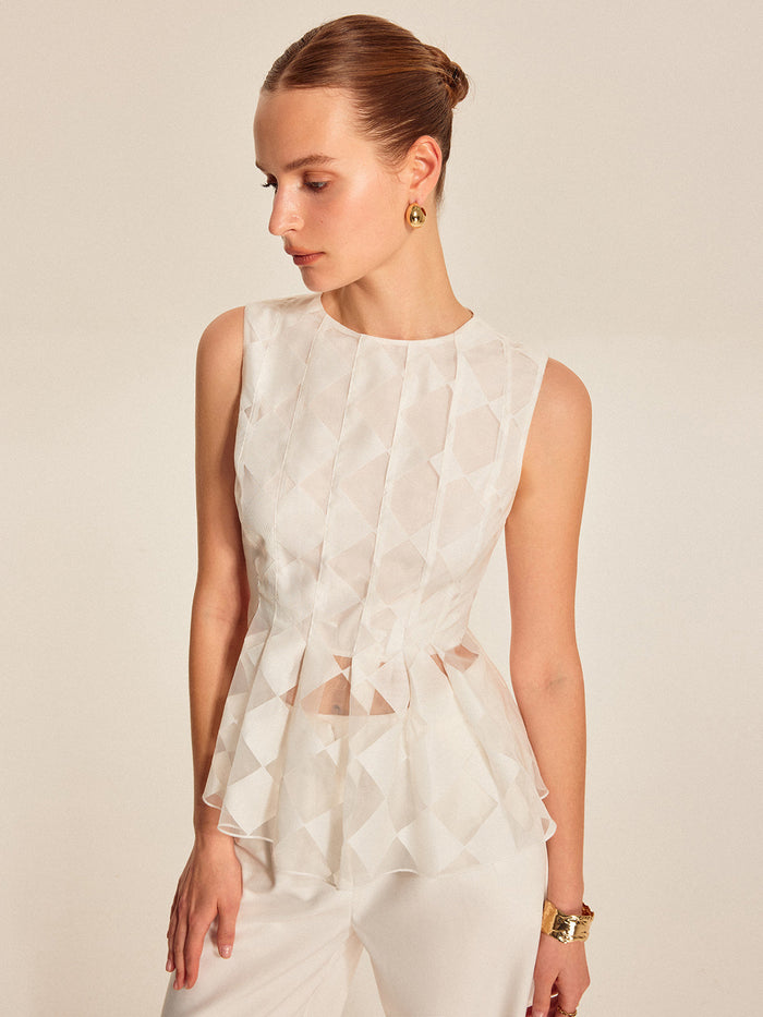 Semi-Sheer Geometric Peplum Top with Delicate Lace Detail