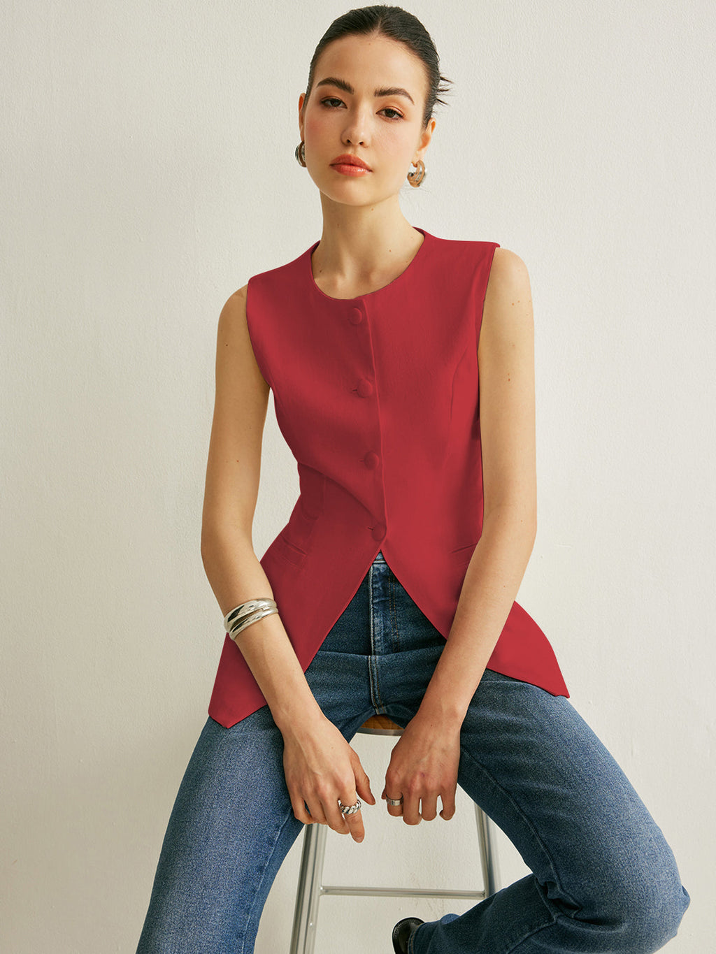 Button Detail Sleeveless Vest with Adjustable Back Strap