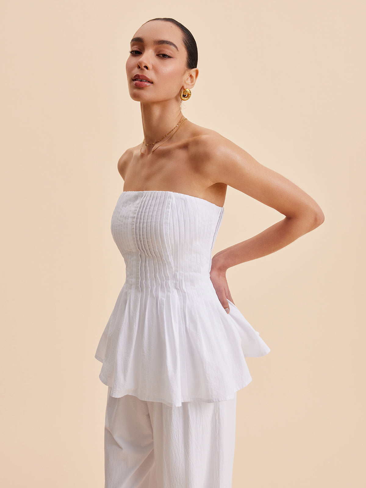 Cotton Pleated Strapless Peplum Top for Women Summer Fashion