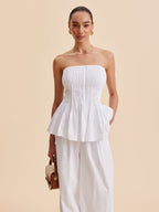 Cotton Pleated Strapless Peplum Top for Women Summer Fashion