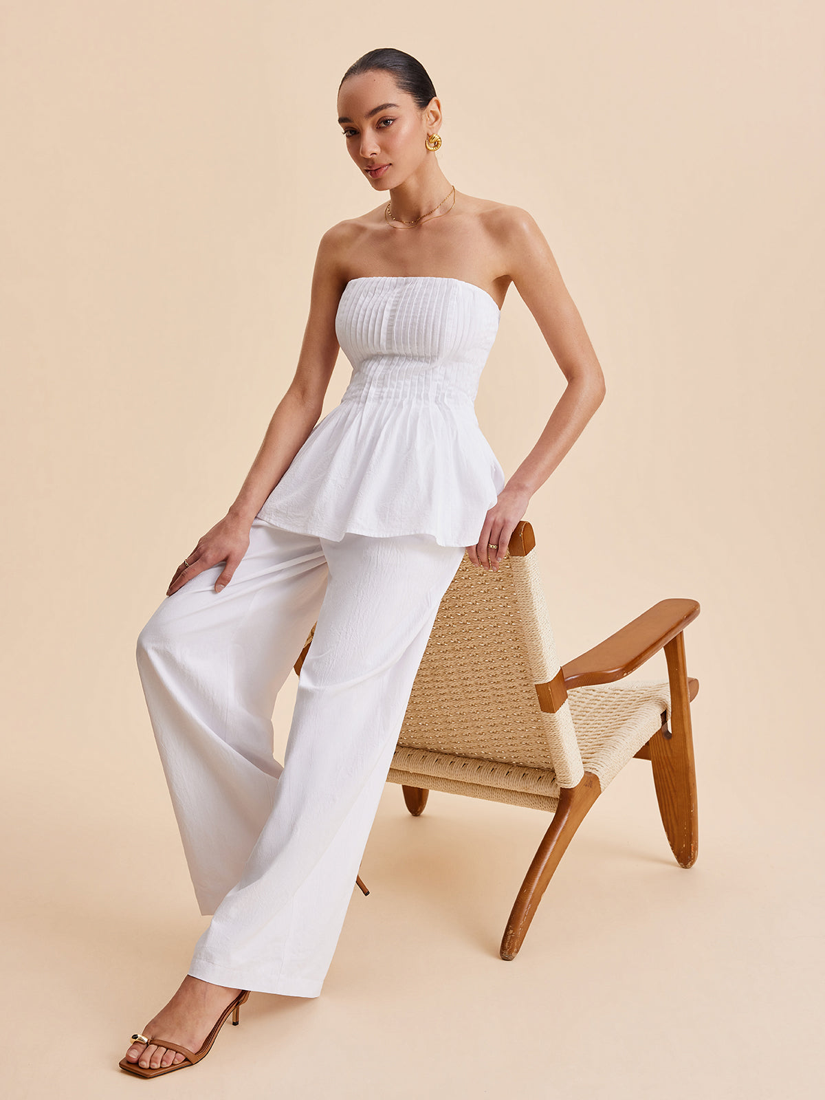 Cotton Pleated Strapless Peplum Top for Women Summer Fashion