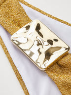 Gold Metallic Detail High-Waist Bikini Bottom with Side Ties