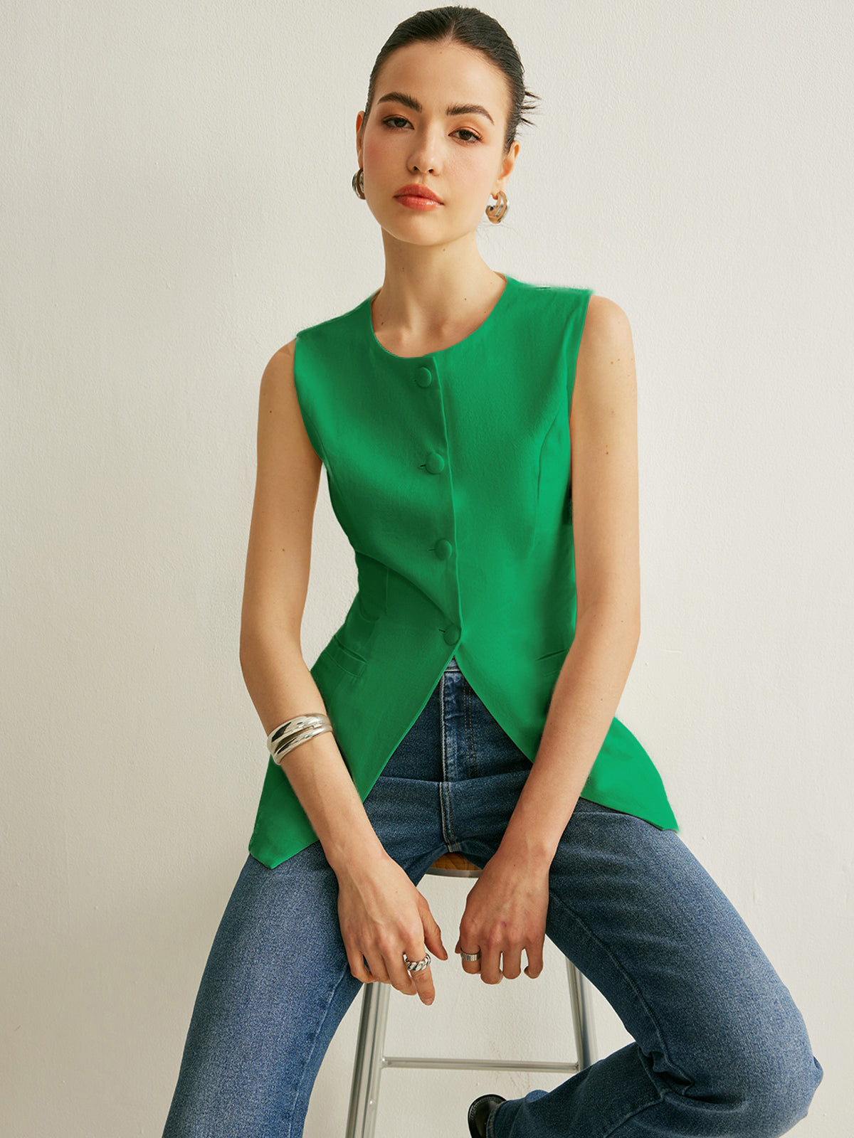 Button Detail Sleeveless Vest with Adjustable Back Strap
