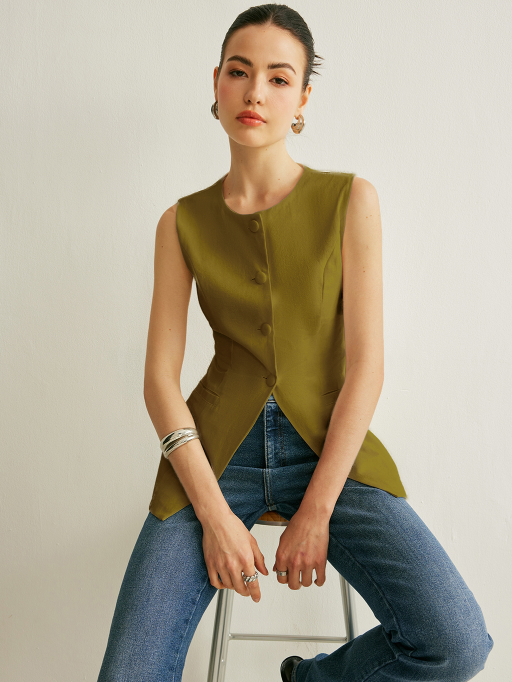 Button Detail Sleeveless Vest with Adjustable Back Strap