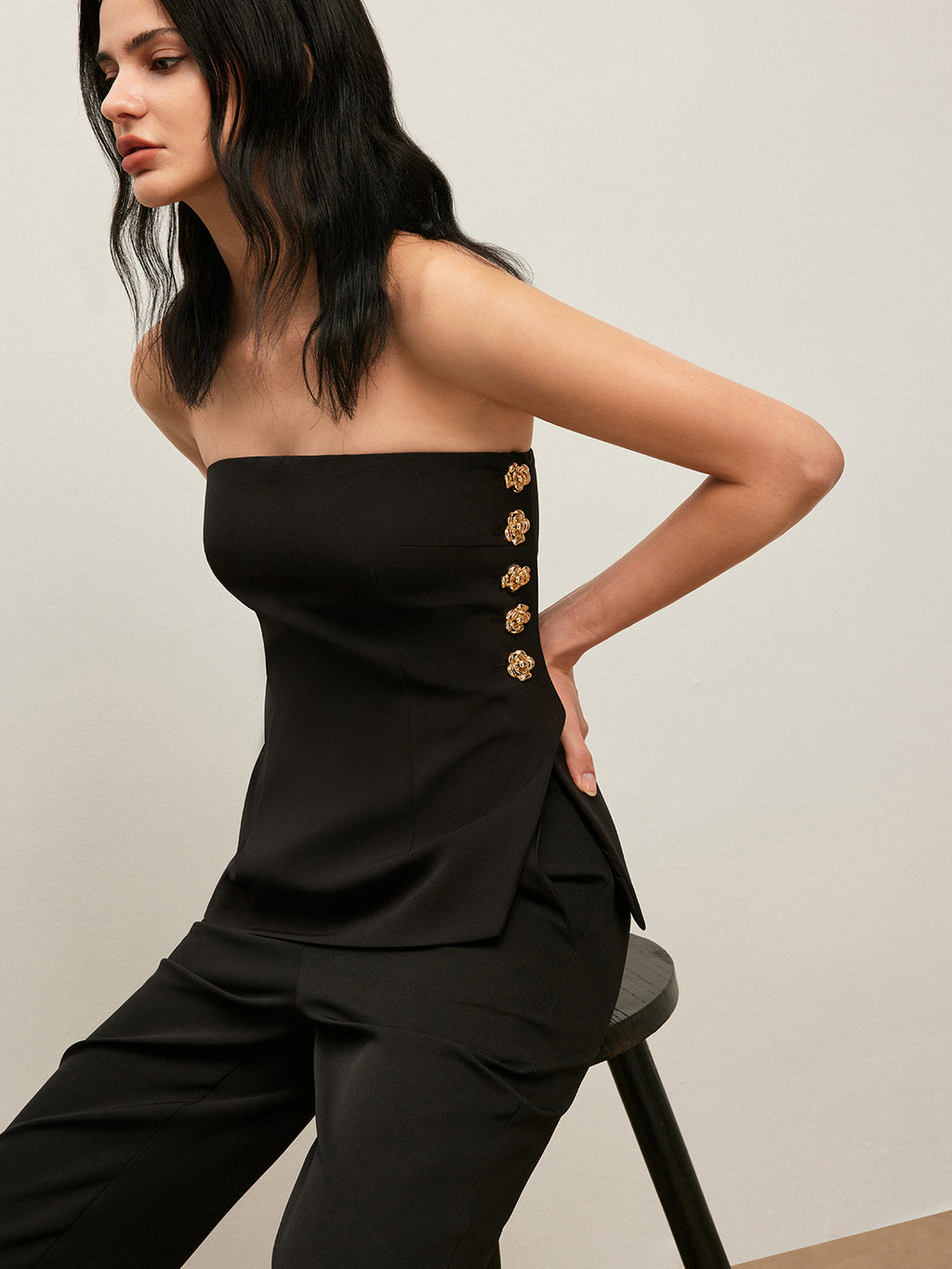 Side Button Detail Strapless Top Lightweight Summer Fashion