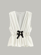 V-Neck Gathered Waist Bow-Detail Top for Women with Elegant Style