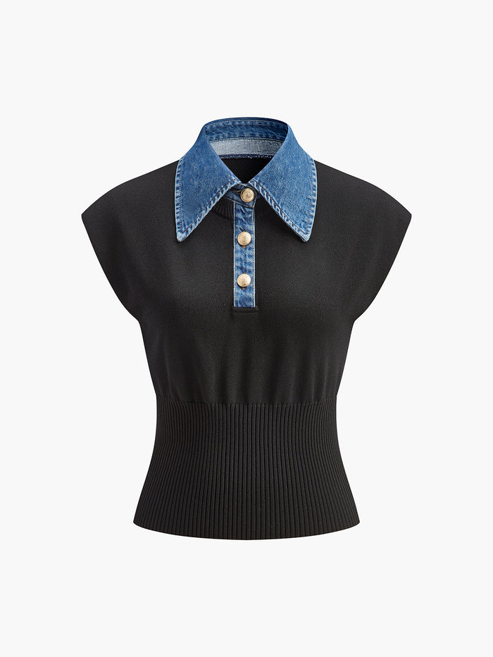 Denim Collar Ribbed Knit Top for Women Casual Wear