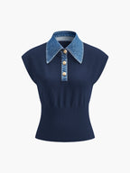 Denim Collar Ribbed Knit Top for Women Casual Wear