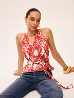 Floral Halter Neck Tie Waist Summer Blouse for Women