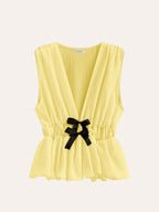 V-Neck Gathered Waist Bow-Detail Top for Women with Elegant Style