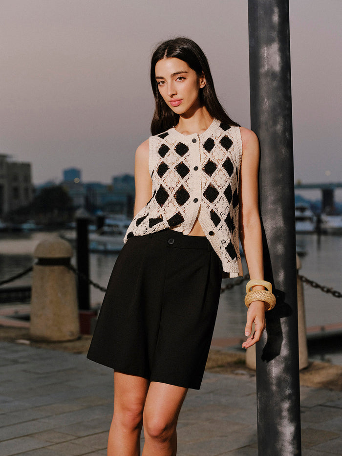 Embroidered Diamond Pattern Knit Vest | Stylish Layering Essential for All Seasons