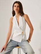 Crisscross Neckline Metal Detail Women's Sleeveless Fashion Blouse