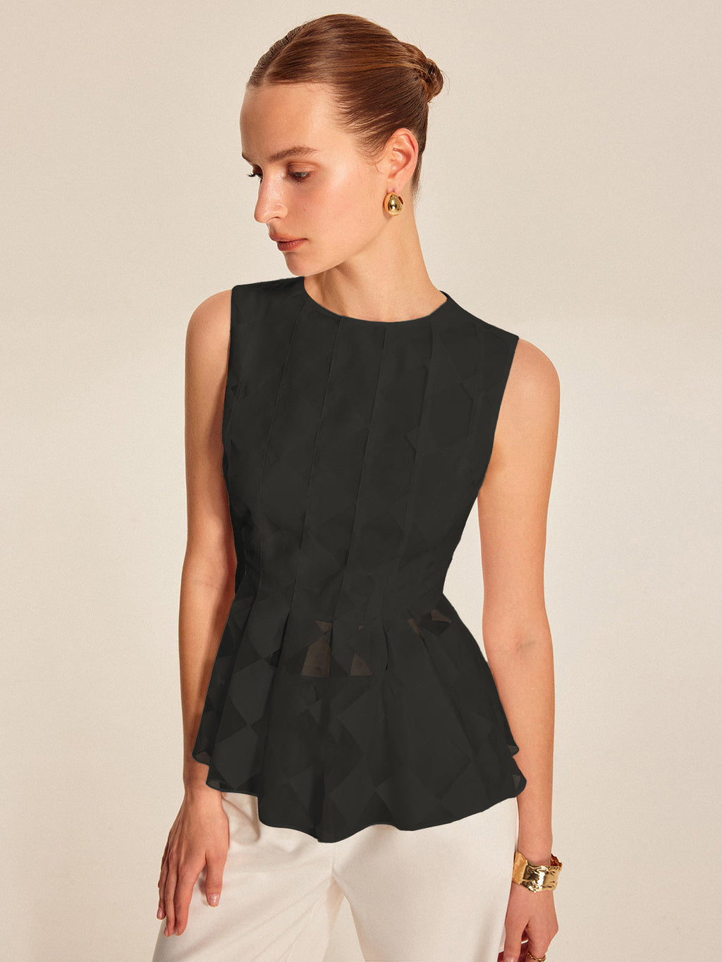Semi-Sheer Geometric Peplum Top with Delicate Lace Detail