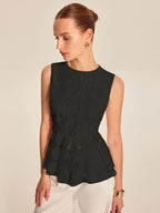 Semi-Sheer Geometric Peplum Top with Delicate Lace Detail