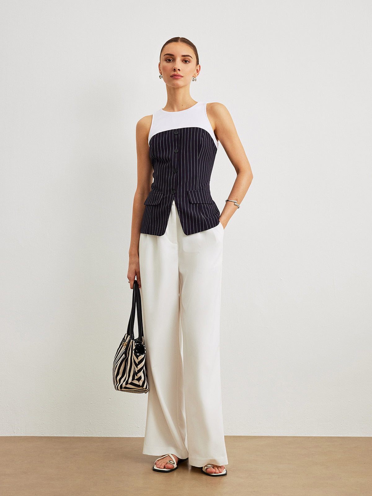Pinstripe Button Detail Top With Decor Pockets, Women’s Fashion Blouse Tailored Fit