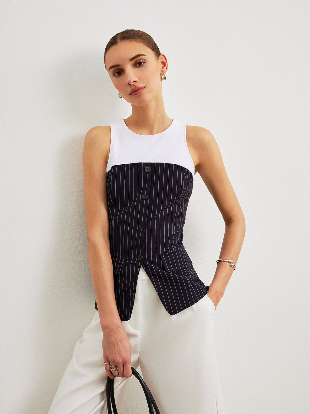 Pinstripe Button Detail Top With Decor Pockets, Women’s Fashion Blouse Tailored Fit