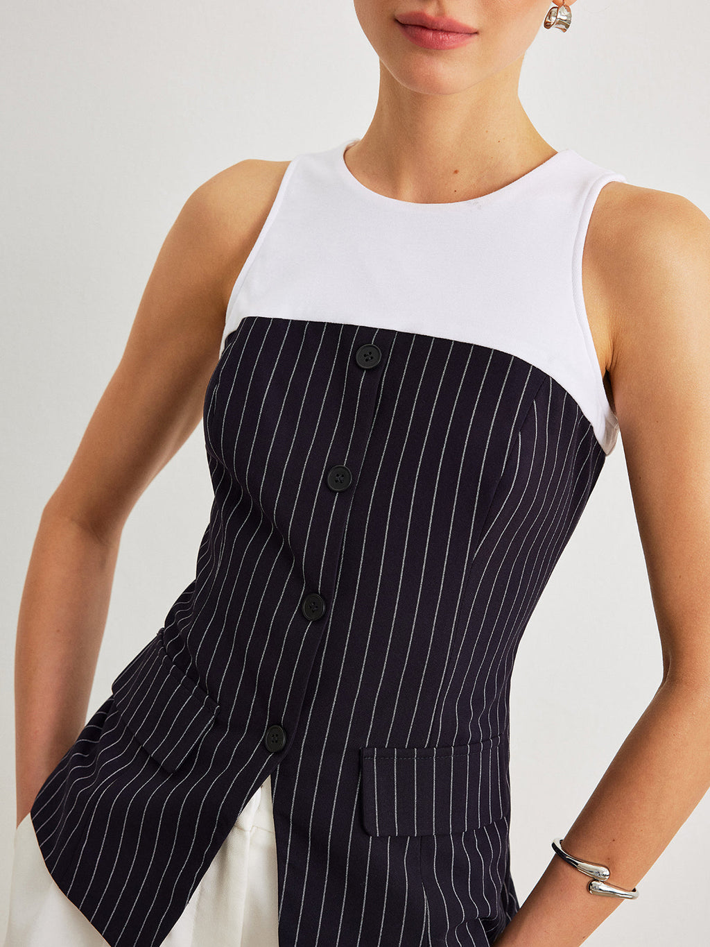 Pinstripe Button Detail Top With Decor Pockets, Women’s Fashion Blouse Tailored Fit