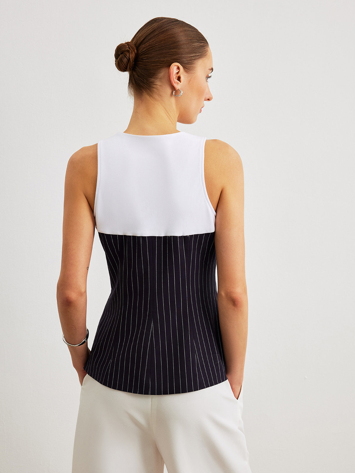 Pinstripe Button Detail Top With Decor Pockets, Women’s Fashion Blouse Tailored Fit