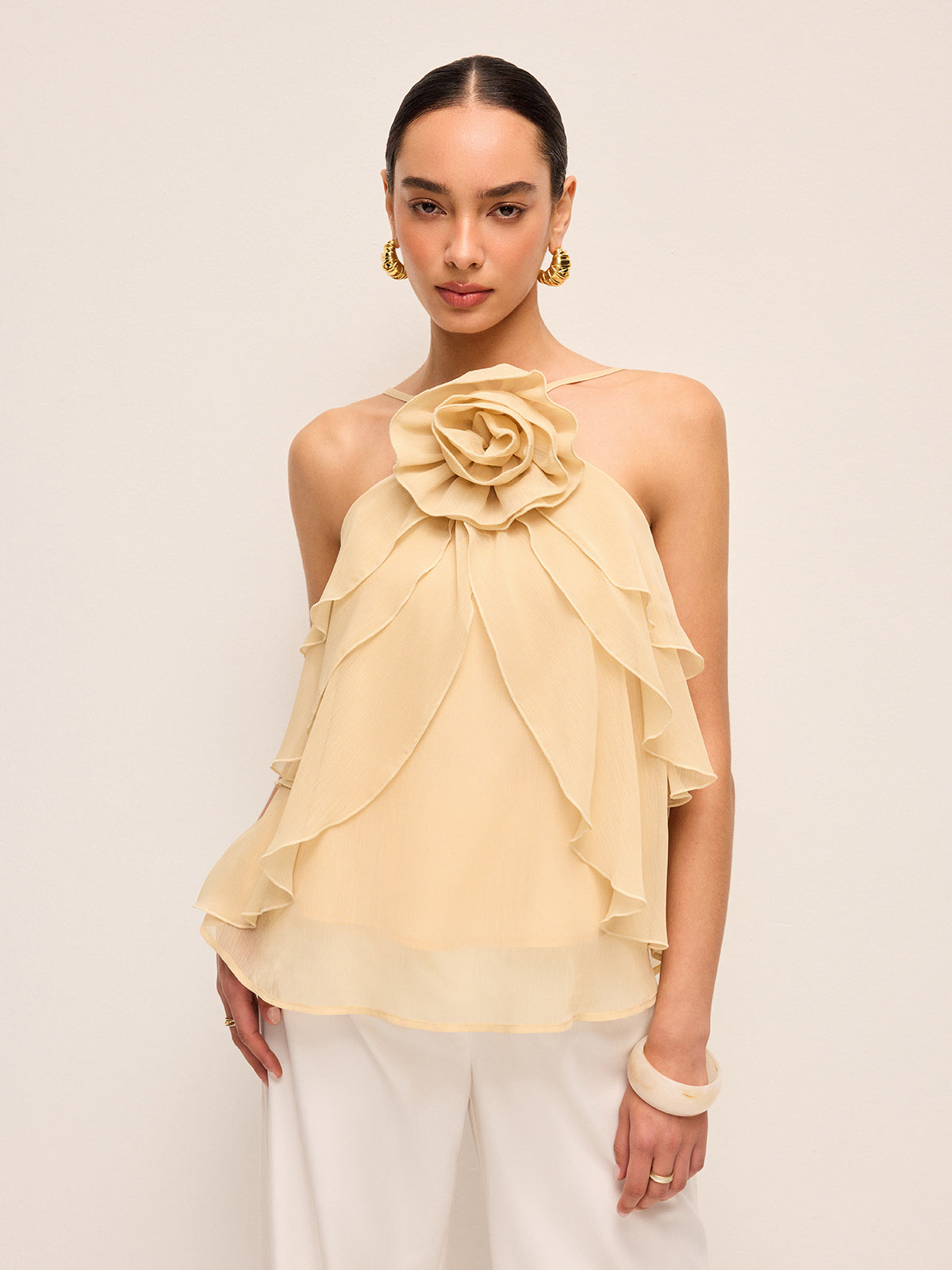 Floral Ruffle Halter Top for Women with Tie Neck Closure