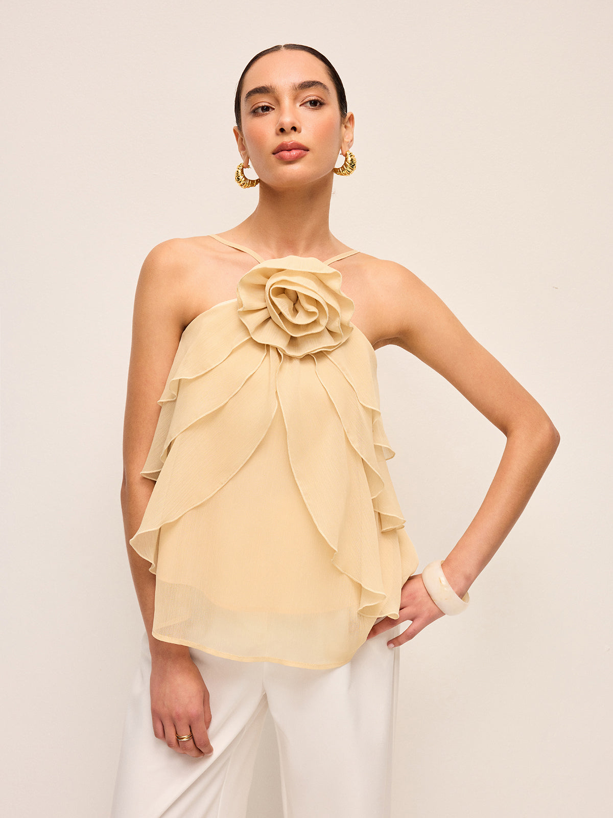 Floral Ruffle Halter Top for Women with Tie Neck Closure