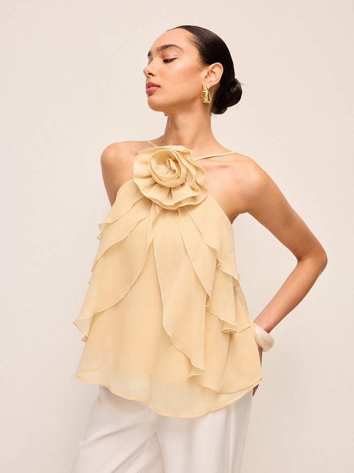 Floral Ruffle Halter Top for Women with Tie Neck Closure