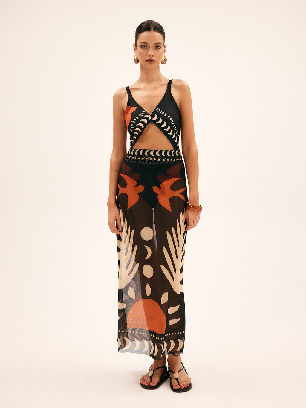 Bird Print Mesh Cover Up Maxi Skirt Lightweight Summer Beachwear