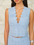 Scalloped Neckline Button-Front Eyelet Crop Top with Short Sleeves for Women