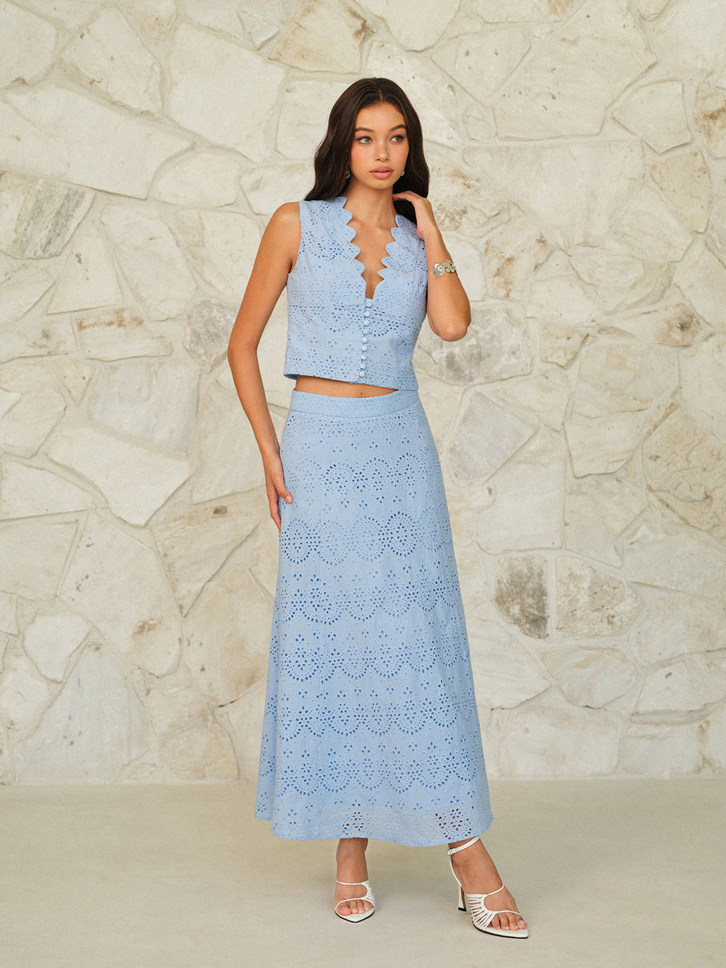 Scalloped Neckline Button-Front Eyelet Crop Top with Short Sleeves for Women