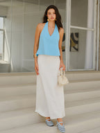 Halter Neck Backless Detailed Top with Floral Embroidery Detail