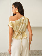 One-Shoulder Floral-Patterned Top with Ruffle Detail