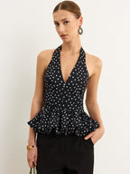 Polka Dot Halter Peplum Top with Tie Back Detail