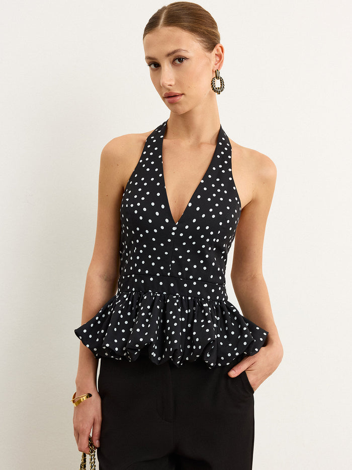 Polka Dot Halter Peplum Top with Tie Back Detail