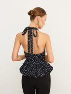 Polka Dot Halter Peplum Top with Tie Back Detail