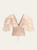 Semi-Sheer Ruffled Metal Decor Waist-Cinching Top with Bell Sleeves