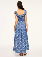 Semi-Sheer Embroidered Maxi Dress with Ruffled Trim and Floral Detailing