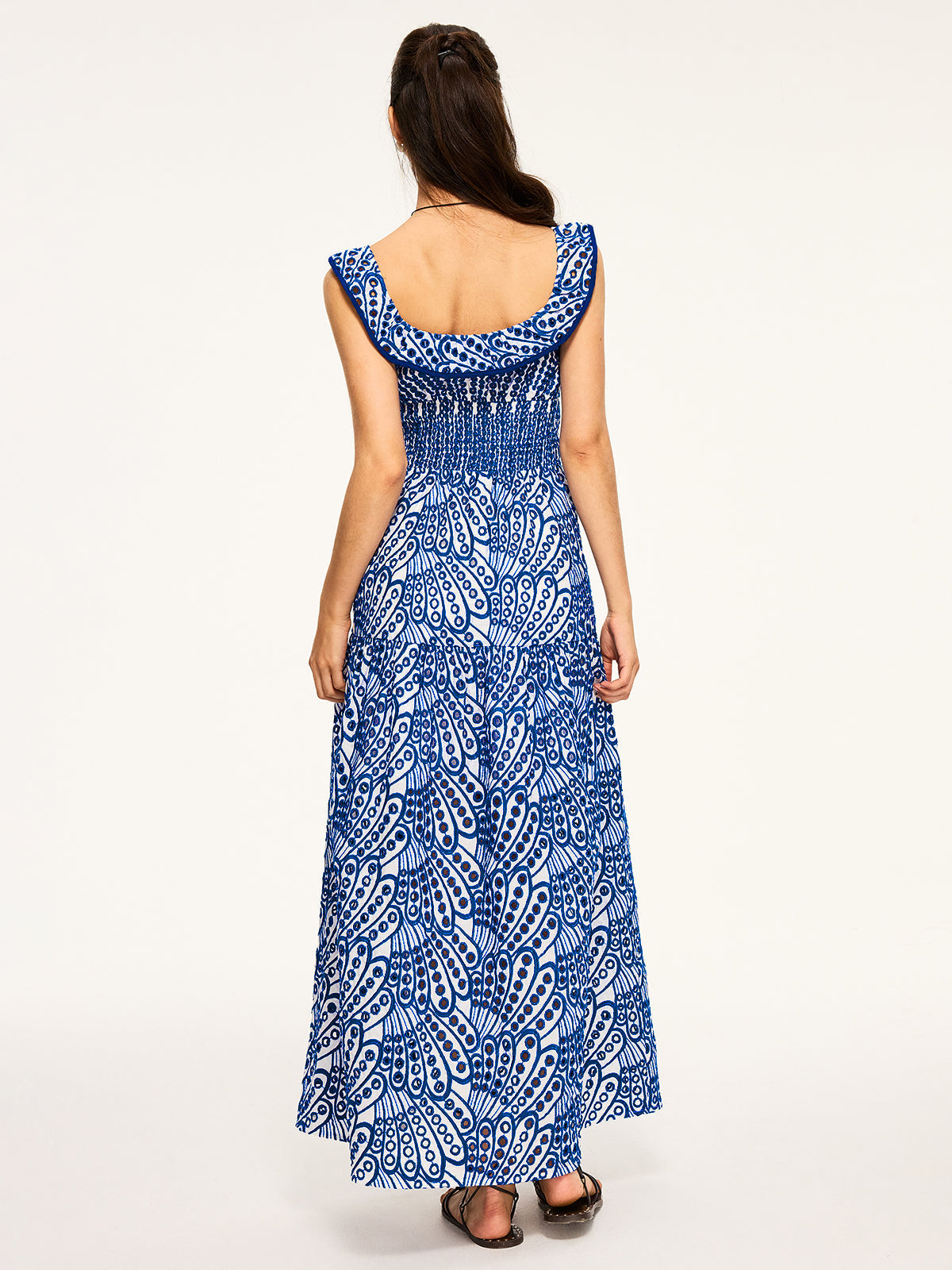 Semi-Sheer Embroidered Maxi Dress with Ruffled Trim and Floral Detailing