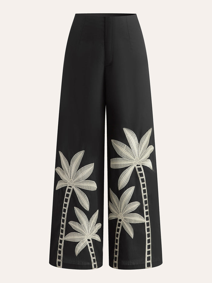 Embroidered High-Waist Wide-Leg Pants for Women Casual Comfort Fit