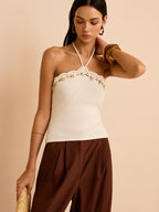 Crochet Halter Top with Floral Trim and Scalloped Edges