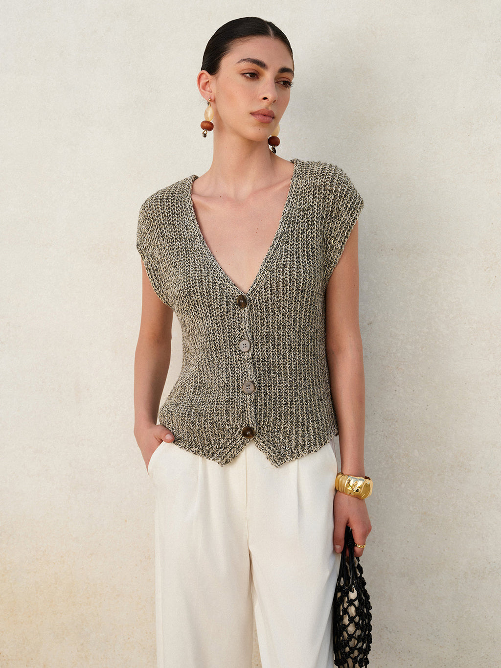 Knit Button-Down Vest with Side Pockets for Women