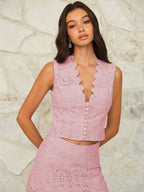 Scalloped Neckline Button-Front Eyelet Crop Top with Short Sleeves for Women