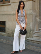 Snake Print Halter Backless Top with Tie Closure for Women