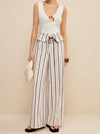 Striped Wide-Leg Pants with Peplum Waist and High Waistband
