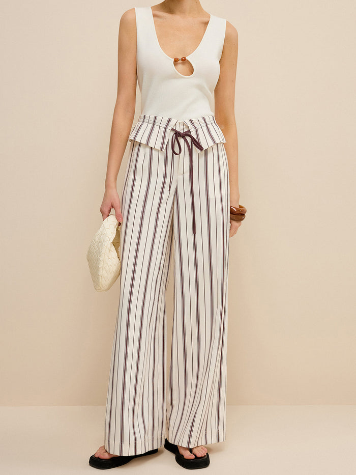 Striped Wide-Leg Pants with Peplum Waist and High Waistband