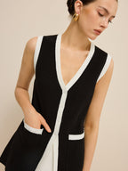 Contrast Trim V-Neck Knit Vest with Button Detail