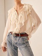 Semi-Sheer Ruffle Chiffon Breasted Blouse with Tie Neck Detail