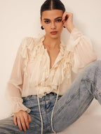 Semi-Sheer Ruffle Chiffon Breasted Blouse with Tie Neck Detail