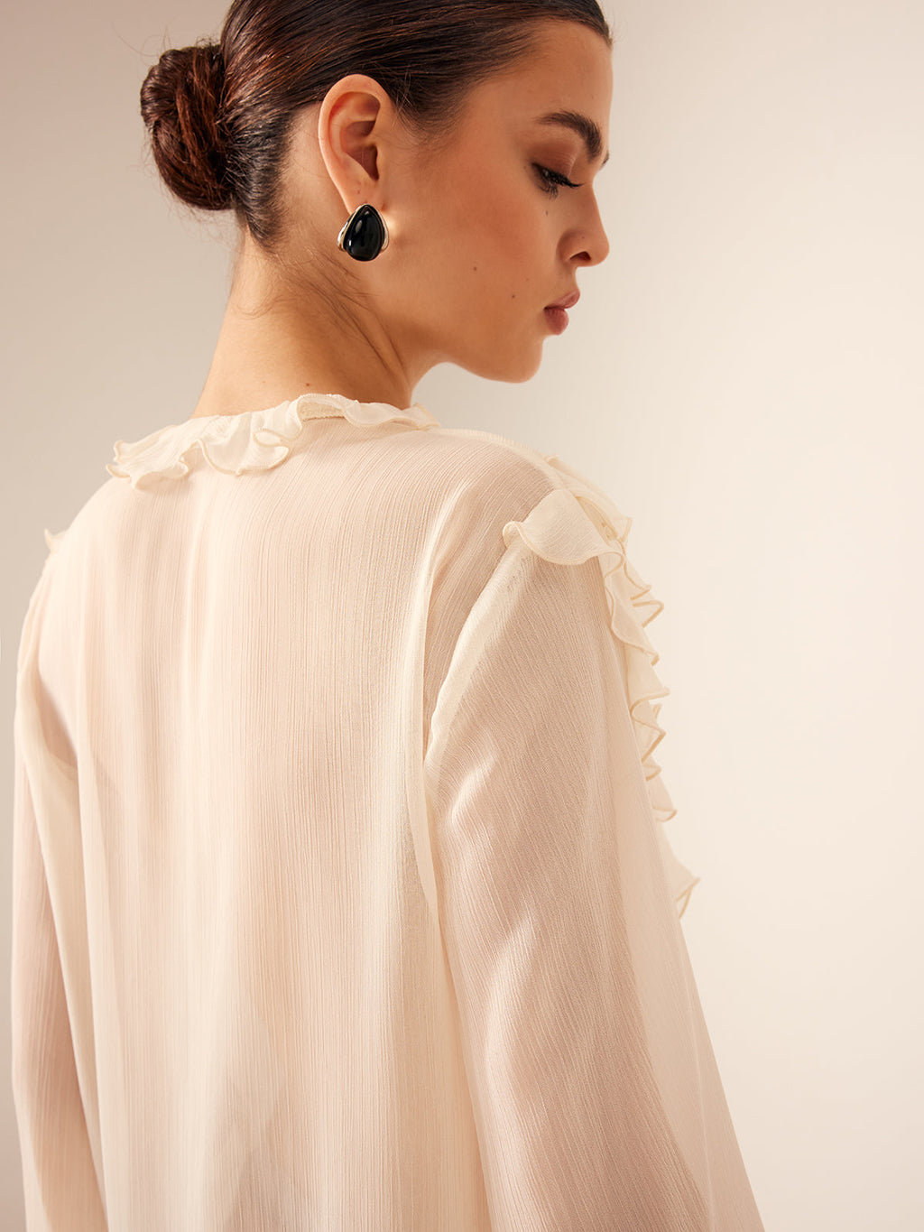 Semi-Sheer Ruffle Chiffon Breasted Blouse with Tie Neck Detail